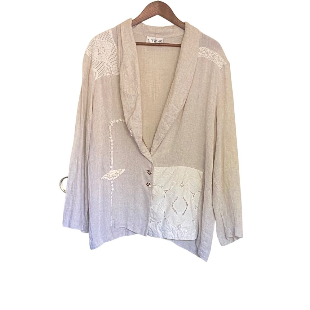 Citywear Melrose Design Group Women Blazer Large Beige Lace Patchwork Linen Boho